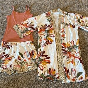 Floral Kimono and Shorts Set with Tank Top